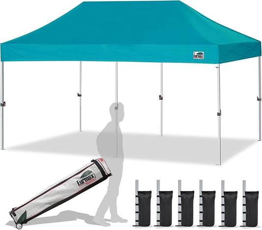 Eurmax USA 10'x20' Pop Up Canopy Tent Commercial Instant Canopies with Heavy Duty Roller Bag,Bonus 6 Sand Weights Bags (Turquoise)