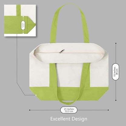 TOPDesign 1-Pack Canvas Tote Bag with an External Pocket, Reusable Grocery Shopping Bag, Top Zipper Closure, Daily Essentials (Light Green/Natural)