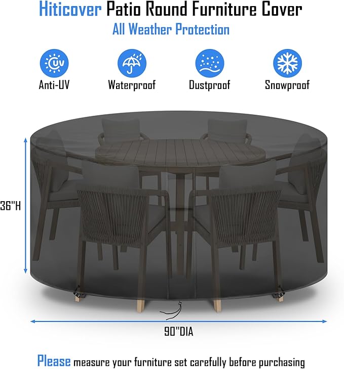 Round Patio Furniture Covers Waterproof, 90 Inch Outdoor High Round Table Cover, Tall Bar Height Outside Table and Chairs Set Covers for Winter, Rainproof Fadeproof - 90" Dia x 36" H