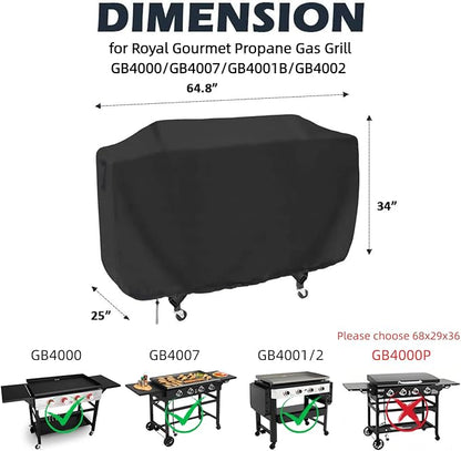 Flat Top Grill Cover for Royal Gourmet GB4000/GB4007/GB4001B/GB4002 Propane Gas Grill, Waterproof 36 Inch Griddle Cover for Char-Griller Flat Iron 4-Burner Grill -64.8 x 25 x 34