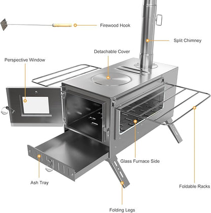 Hot Tent Stove, unho Wood Burning Stove, Portable Wood Stove with 6 Stainless Chimney Pipes for Outdoor Heating & Cooking, Ice Fishing, Hunting,Winter Warmth
