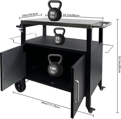 Dining Cart Table with Big Storage Cabinet - Movable Indoor Outdoor Kitchen Island, Multifunctional BBQ Grill Table & Pizza Oven Stand for Food Prep
