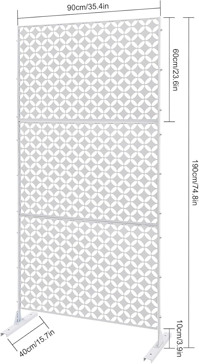 Outdoor Metal Privacy Screen with Stand, 35.4" W x 75" H Freestanding Metal Slatted Decorative Privacy Screen and Panels for Patio Garden Balcony Porch (White Star)