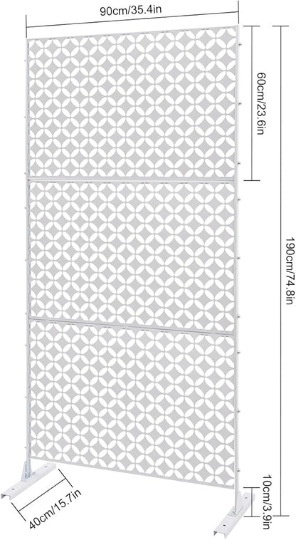 Outdoor Metal Privacy Screen with Stand, 35.4" W x 75" H Freestanding Metal Slatted Decorative Privacy Screen and Panels for Patio Garden Balcony Porch (White Star)