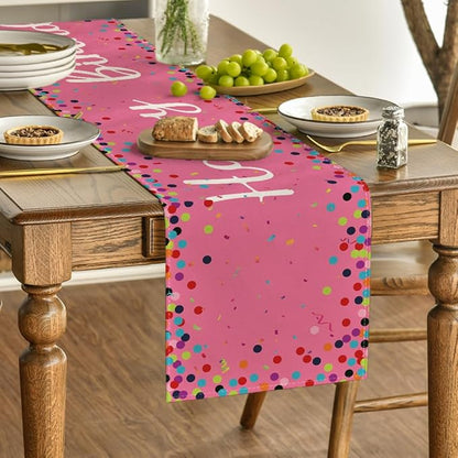 Artoid Mode Polka Dot Pink Happy Birthday Table Runner, Seasonal Kitchen Dining Table Decoration for Home Party Decor 13x36 Inch