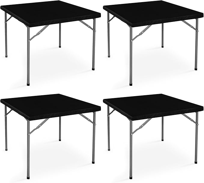 LUSHVIDA 4 Packs Vinyl Card Tablecloth with Flannel Backing 48x48 inch - Waterproof Plastic Picnic Table Cover for Square Folding Table Cloth with Elastic Corners, Black