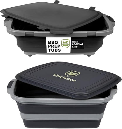 2 Pcs 16L Black Collapsible BBQ Prep Tub