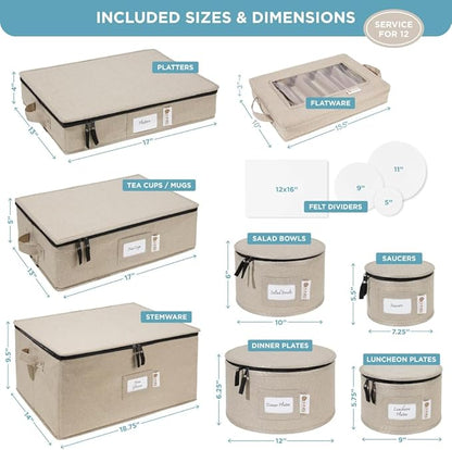 China Storage Hard Shell Containers 8-Piece Set Moving Boxes for Dinnerware, Glasses, Plates, Mugs and Saucers Sturdy Dish Organizer with Dividers for Seasonal Storage - Service for 12 - Brown