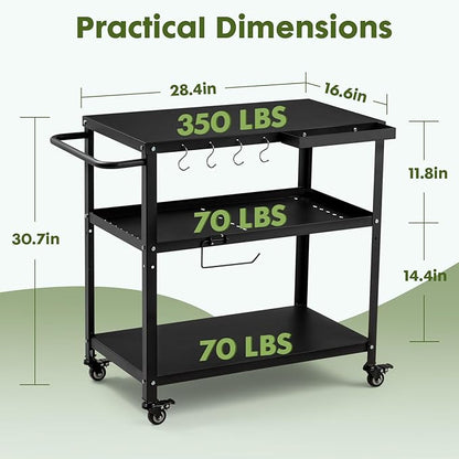 Outdoor Grill Cart Table,Indoor and Outdoor Pizza Oven Table,with 4 Movable Total Lock Casters, Hooks, Side Handle Multifunctional (Black) (Black)