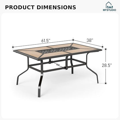 MFSTUDIO Outdoor Patio Dining Table for 6, Rectangular Patio Furniture Table with Metal Frame and Immitation Top, Adjustable Umbrella Hole