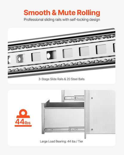 VEVOR 17W x 30H x 21D Inch Outdoor Kitchen Stainless Steel Double Access Drawers with Paper Towel Holder Combo for BBQ Island or Grill Station