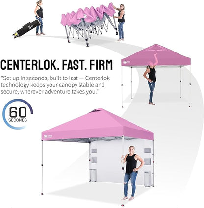 CROWN SHADES Canopy Tent, 10 x 10 Foot Portable Pop Up Outdoor Shelter with Pocket Sidewall, Push Center Lock, UV Protection, and Carry Bag, Pink