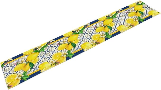 Yellow Lemon Table Runner, Spring Summer Seasonal Blue Tiles Watercolor Lemon Table Runner for Farmhouse Kitchen Indoor Outdoor Party Decor, 13x90inch