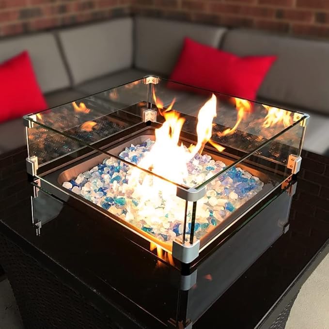 Holy Fire 17.5" L x 17.5" x 6" Square Fire Pit Glass Wind Guard Clear Tempered Glass Flame Protective Pane Wind Resistant - Fits 12” Square Fire Pit Burner Pan