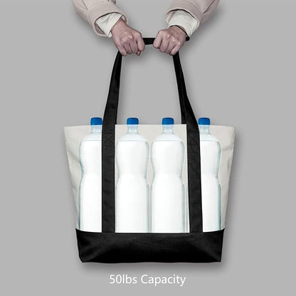 TOPDesign 30-Pack Canvas Tote Bags with an External Pocket, Reusable Grocery Shopping Bags, Top Zipper Closure, Daily Essentials (Black/Natural)