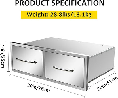 Outdoor Kitchen Drawers 30" W x 10" H x 20" D Flush Mount Horizontal Double Drawers with Chrome Handle,Stainless Steel Built-in BBQ Drawer for Outdoor Kitchen Island, Patio Grill Station