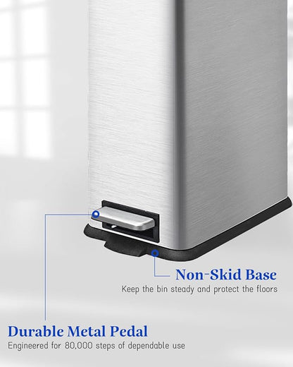Rubbish Bin with Lid, 10 L, Stainless Steel Waste Bin, Bathroom, Pedal Bin, Stainless Steel for Bathroom, Bedroom and Office