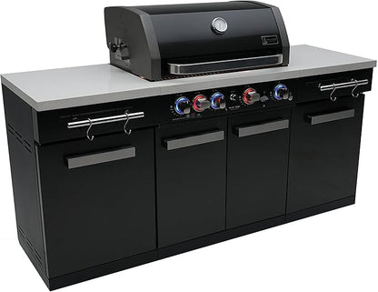 Mont Alpi MA-957 5-Burner 63000 BTU Black Stainless Steel Outdoor Kitchen Bar Gas Island Grill with Infrared Rear Burner + Rotisserie Kit + Granite Countertop + Storage Cabinets & Full Weather Cover