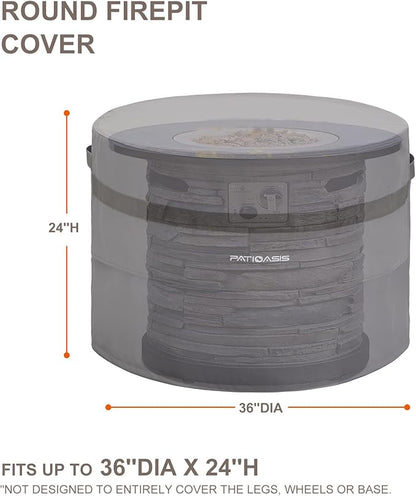 Grey Round Fire Pit Cover Outoor 36 inch Dia Waterproof Patio Deck Propane Fire Bowl Cover 600D Heavy Duty All Weather Resistant