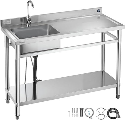 VEVOR Stainless Steel Utility Sink, Free Standing Single Bowl Commercial Kitchen Sink with Faucet, Utility Right Basin Workbench with Hot & Cold Water Pipe for Garage Restaurant Laundry, 47x19.7x37 in