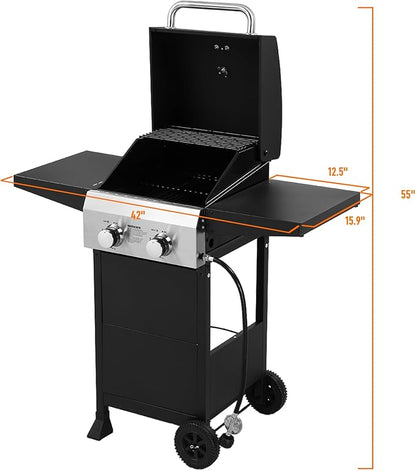 ROVSUN 2-Burner Propane Gas BBQ Grill with Foldable Side Tables & Enameled Cast Iron Grates, 24,000 BTU Barbecue Grill with Portable Wheels for Outdoor Patio Backyard Cooking Grilling, Black