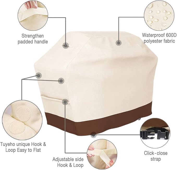 Tuyeho Grill Cover 58 x 24 x 46 inch, 600D Heavy Duty Gas BBQ Cover w/Side Fasteners Straps, Waterproof & Weather Resistant for Your Weber, Char-Broil, Brinkmann, Holland, Jenn Air (Beige & Brown)
