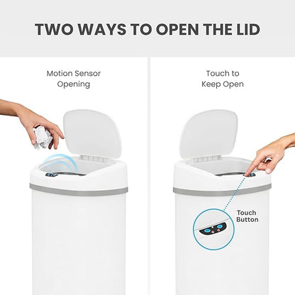 iTouchless 13 Gallon Automatic Sensor Trash Can with Lid, AbsorbX Odor Control System, Chalk White Stainless Steel Kitchen Garbage Bin, Fingerprint-Proof, Hands-Free Operation, Oval