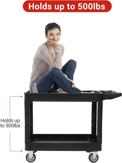 Service Cart 2-Shelf, Storage Handle, 500 lbs Capacity, for Warehouse/Garage/Cleaning/Manufacturing，45"X25" Black