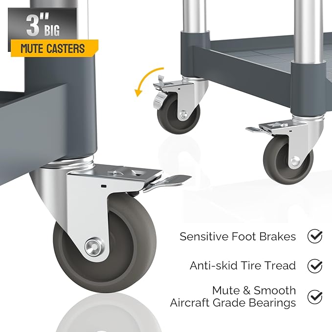 TUFFIOM 3-Tier Plastic Service Utility Cart with Wheels,Heavy Duty 390lbs Capacity,Commercial Rolling for Restaurant, Foodservice, Office, Warehouse, Gray 34.8''L x 17.4''W x 38.6''H