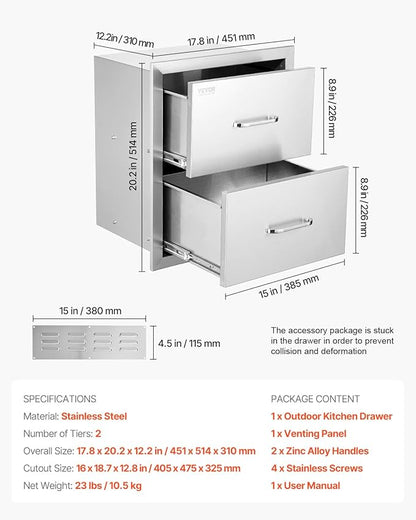 VEVOR Outdoor Kitchen Drawers, 17.8W x 20.2H x 12.2D Inch, Flush Mount Double BBQ Drawer, Stainless Steel BBQ Island with Handle, for Outdoor Kitchens or Patio Grill Station