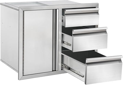 Outdoor Kitchen Drawer Combo Cabinet, Stainless Steel Triple Drawers with Integrated Access Door, 28" W x 22" H x 19.5" D Outdoor Built-in Cabinet for BBQ Island Grill Stations