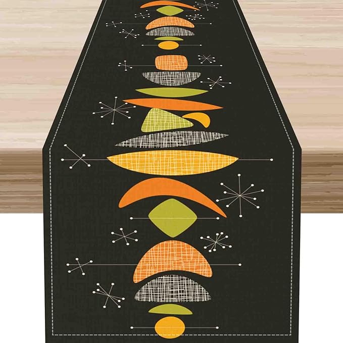 Mid Century Modern Table Runner, Retro 1950s Atomic Modern Abstract Black Orange Coffee Table Center Decor for Home Kitchen Dining Patio Holiday Party Table Decorations, 13"x108" Inch