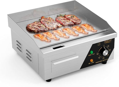 ROVSUN 14" Electric Countertop Flat Top Griddle, 1500W Electric Griddle, Teppanyaki Grill Stainless Steel with Adjustable Temperature Control 122°F-572°F for Home Restaurant Commercial
