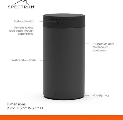 Spectrum Disinfecting Wipes Container with Push Button Lid - Refillable Dispenser for Bathroom, Kitchen, Countertop, & Home - Stainless Steel & Rust-Resistant Disinfectant Wipes Holder (Pack of 12)