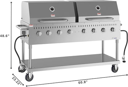 60 in. 8-Burner Commercial Outdoor Propane Gas Grill with 2 Roll Dome Covers in Stainless-Steel, ETL Listed (CGKIT6-D30D30)