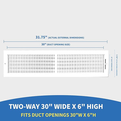 30x6 Vent Register [Duct Opening], Vent Covers for Home Ceiling, Two-Way Ventilation Register, Adjustable Solid Steel Wall Register Vent Cover (30"W x6"H [Duct Opening])