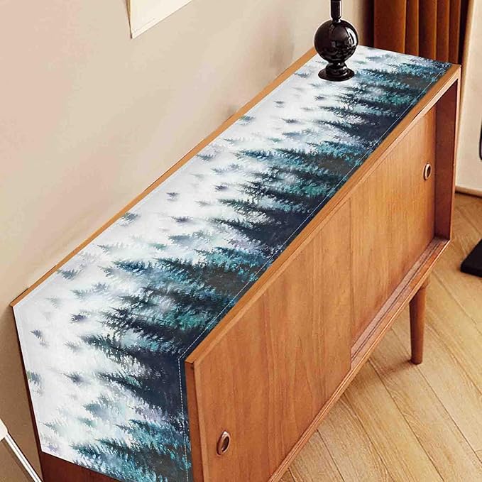 Green Forest Table Runner, Rustic Farmhouse Green Pine Tree Woodland Seasonal Mountain Country Coffee Table Center Decor for Home Kitchen Dining Patio Holiday Party Table Decorations, 13"x72" Inch