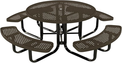 COATEDOUTDOORFURNITURE Heavy-Duty Portable Outdoor Kids Table with Umbrella Hole, Punched Steel Kids Picnic Table, Commercial-Grade, Made in America (46 in, Round, Childrens, Textured Brown)
