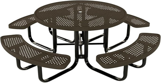 COATEDOUTDOORFURNITURE Heavy-Duty Portable Outdoor Kids Table with Umbrella Hole, Punched Steel Kids Picnic Table, Commercial-Grade, Made in America (46 in, Round, Childrens, Textured Brown)