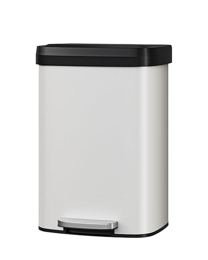 Garvee 13 gal / 50 L Metal Trash Can with Lid, Large Garbage Can for Kitchen, Rustproof Step-on Kitchen Metal Trash Bin with Liner Rim, Rear Handle, Soft Close Plastic Lid, White