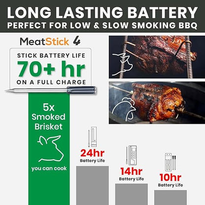MeatStick 4X WiFi Bundle [4-Probe/Unlimited Range] | Quad Sensors Smart Wireless Meat Thermometer with Bluetooth | for Smoking, Grilling, BBQ, Air Fryer, Deep Frying, Oven, Sous Vide, Rotisserie