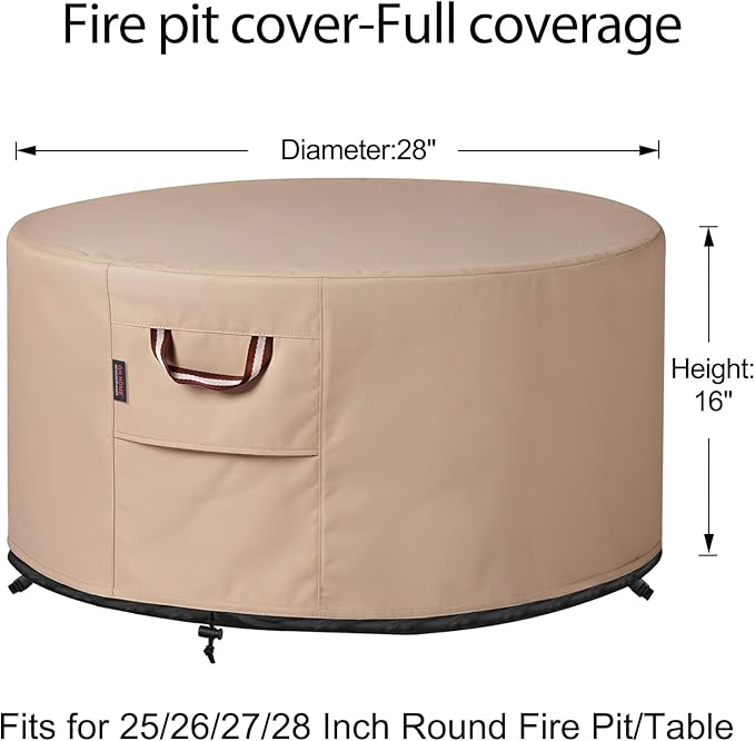 QH.HOME Fire Pit Cover Round-25-28 Inch Heavy Duty 900D Strong Tear-Resistant and UV Resistant and Waterproof and Fading Resistant Material Polyester Firepit Covers Round for Outdoor Fire Pit-Wheat