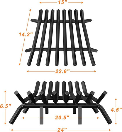 Fireplace Grate 24 Inch with 8 Support Legs, Solid Steel Heavy Duty Fireplace Log Holder with Fire Log Tongs & Fire Poker, Fireplace Log Grate for Indoor Fireplace and Outdoor In-ground Firepit