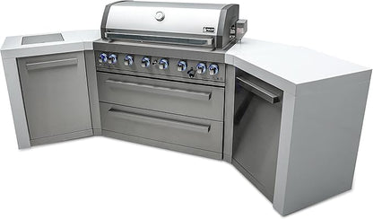 Mont Alpi 44-Inch MAi805-D45 Deluxe 45 Degree 6-Burner 115000 BTU Deluxe Stainless Steel Island Outdoor Kitchen Gas Barbecue Grill w/Granite Countertops & Sides + Storage Drawers & Cabinets