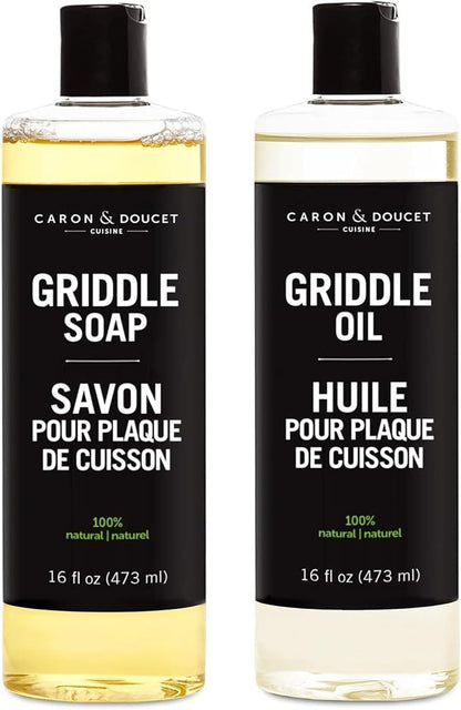 CARON & DOUCET - 100% Plant-Based Griddle Cleaning Set: Seasoning Oil & Soap for Washing, Restoring & Seasoning Griddles!
