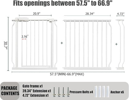 Extra Wide Baby Gate - 62-67 Inch Tension Mounted Safety Child & Pet Gate - White Metal - Walk Through - Long - for House Doorways & Stairs