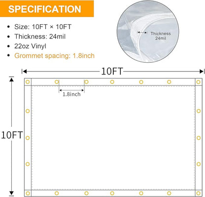 10 x 10FT Outdoor Clear Tarp Curtain Waterproof Wind-Proof 24 Mil Transparent Vinyl Tarp for Patio Pergola Garden Canopy Rainproof Anti-Tear PVC Thick Cover with Grommets