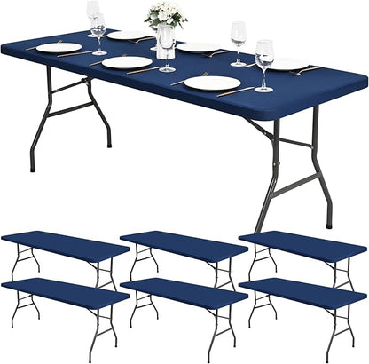 6 Pack Stretch Fabric Table Top Cap Cover, fits 6Ft Tables, Spandex Table Covers Washable Elastic Universal Rectangle Tablecloth Protector for Outdoor Party Picnic Wedding, Navy Blue, 30" W x 72" L