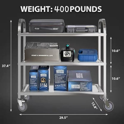 3 Shelf Stainless Steel cart,400 lbs,1MM Thick，Serving cart with Wheels, Household, Service Trolley,360°Rotation Storage Shelf with Locking Wheels 29.5 * 15.7 * 37.4'' L*W*H S.