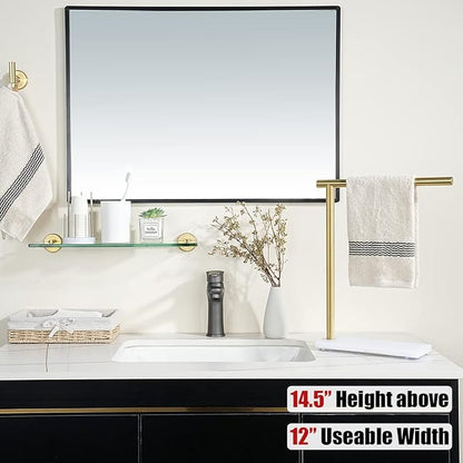 JQK Hand Towel Holder Stand Brushed Gold, Modern Tree Rack Free Standing for Countertop with 12 Inch Bar, 304 Stainless Steel Thicken 0.8mm White Base, HTT170-WG